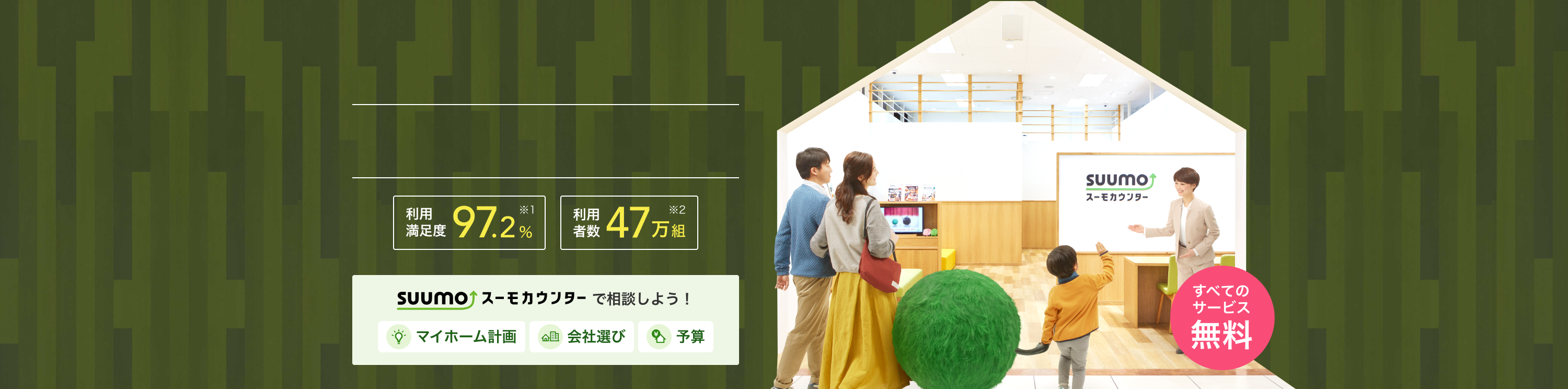 利用満足度 97.2%(※1 スーモカウンターご利用者アンケート/2024年5月 自社調べ)利用者数 47万組(※2 2024年3月末時点) スーモカウンターで相談しよう!マイホーム計画・会社選び・予算