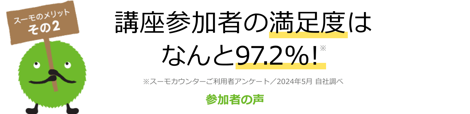 スーモのメリット その2　講座参加者の満足度はなんと97.2％！　※スーモカウンターご利用者アンケート／2024年5月 自社調べ　参加者の声