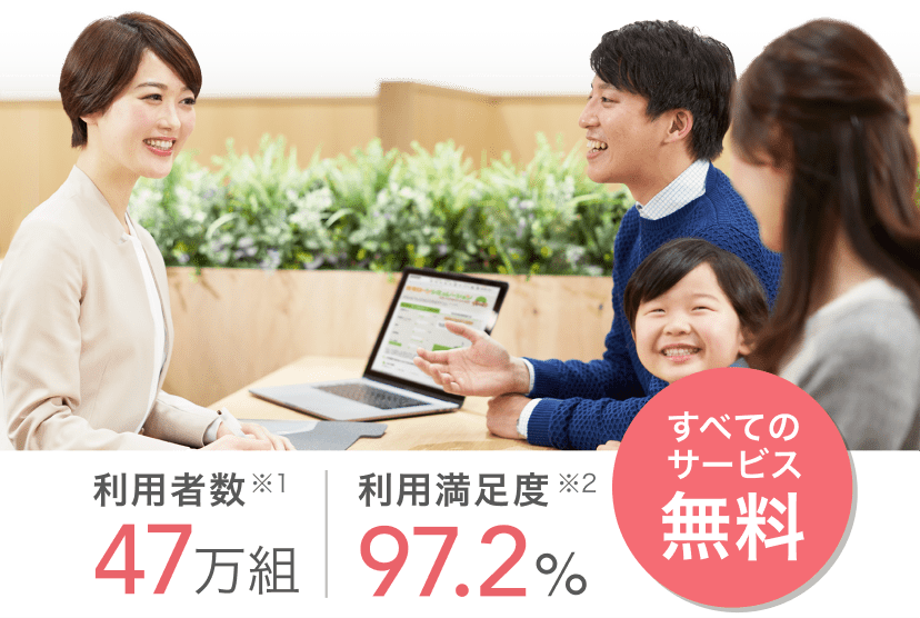 利用者数 47万組（※1 2024年3月末時点） 利用満足度 97.2%（※2 スーモカウンターご利用者アンケート／2024年5月 自社調べ）